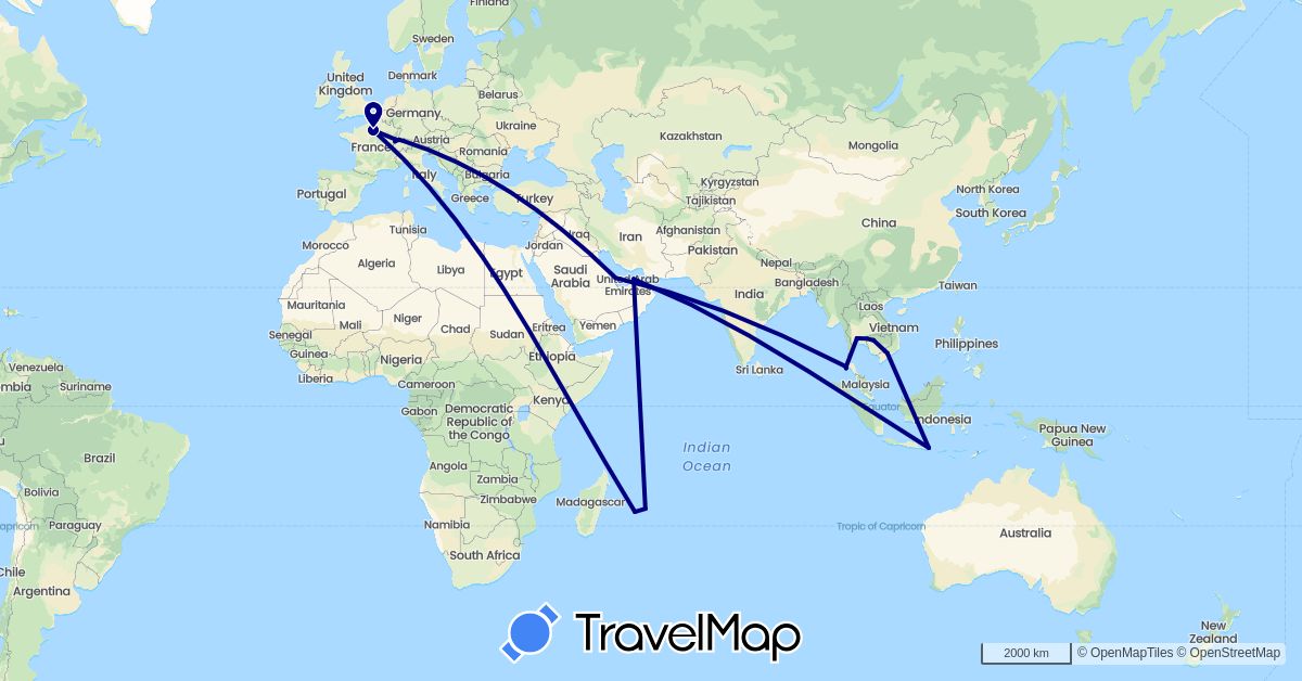 TravelMap itinerary: driving in United Arab Emirates, Switzerland, France, Indonesia, Cambodia, Mauritius, Qatar, Thailand, Vietnam (Africa, Asia, Europe)